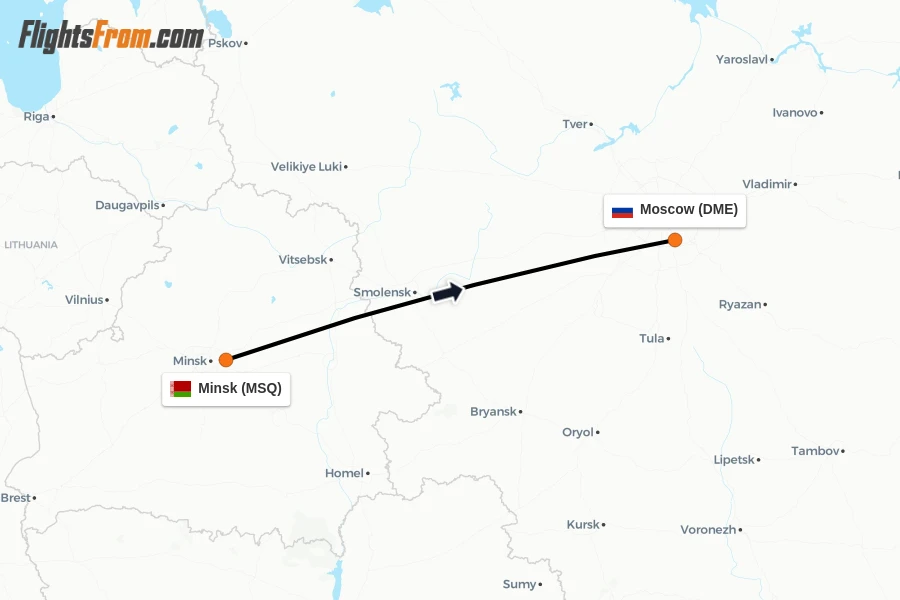 Flights from Minsk to Moscow route map