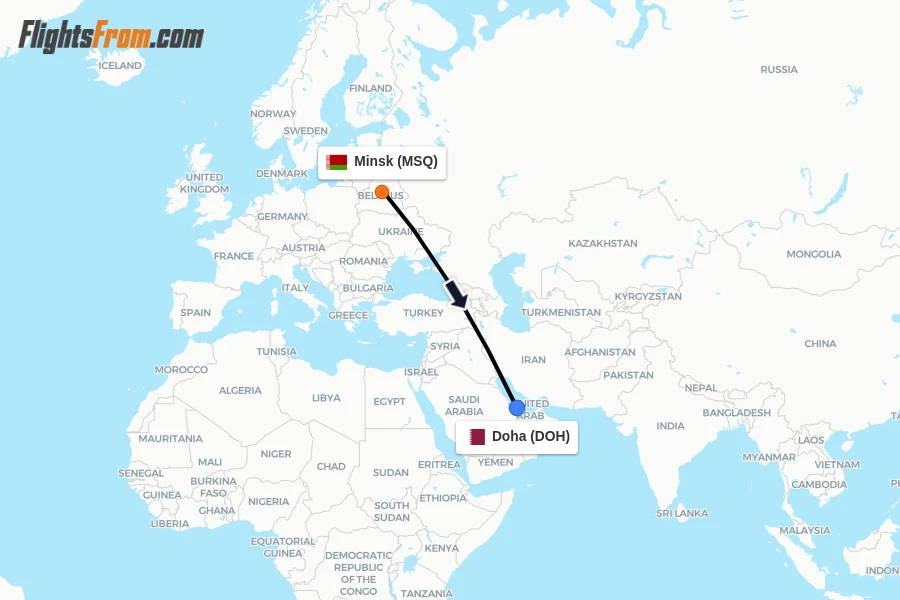 Flights from Minsk to Doha route map