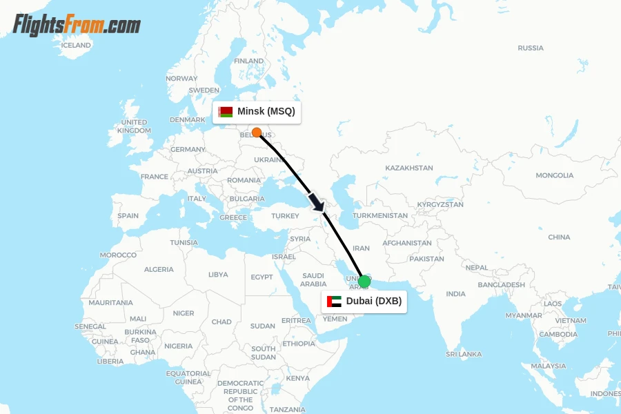 Flights from Minsk to Dubai route map