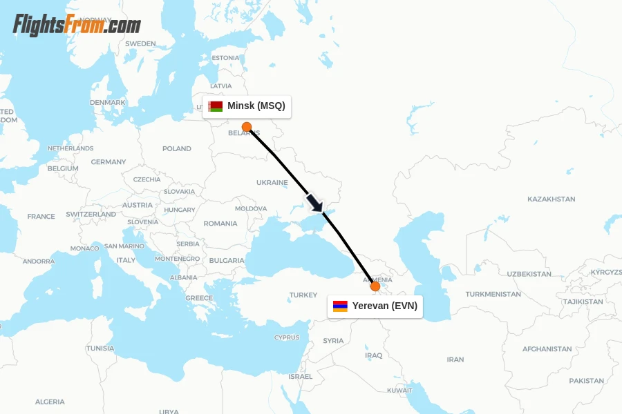 Flights from Minsk to Yerevan route map