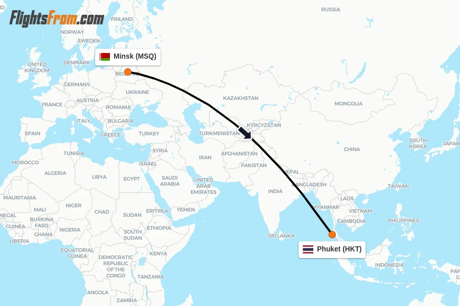 Flights from Minsk to Phuket route map