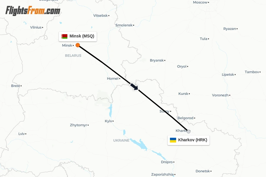 Flights from Minsk to Kharkov route map