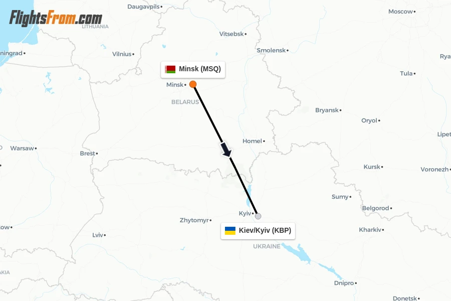 Flights from Minsk to Kiev/Kyiv route map