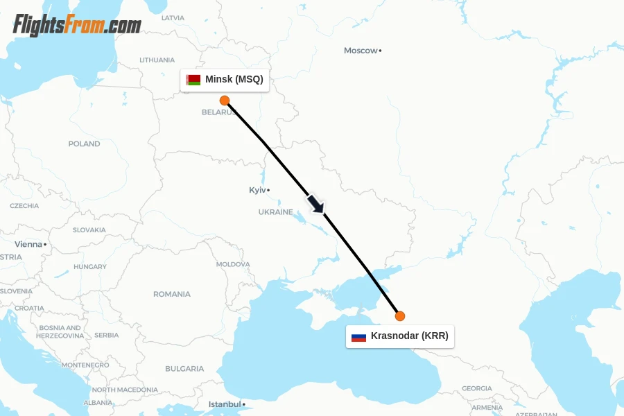 Flights from Minsk to Krasnodar route map