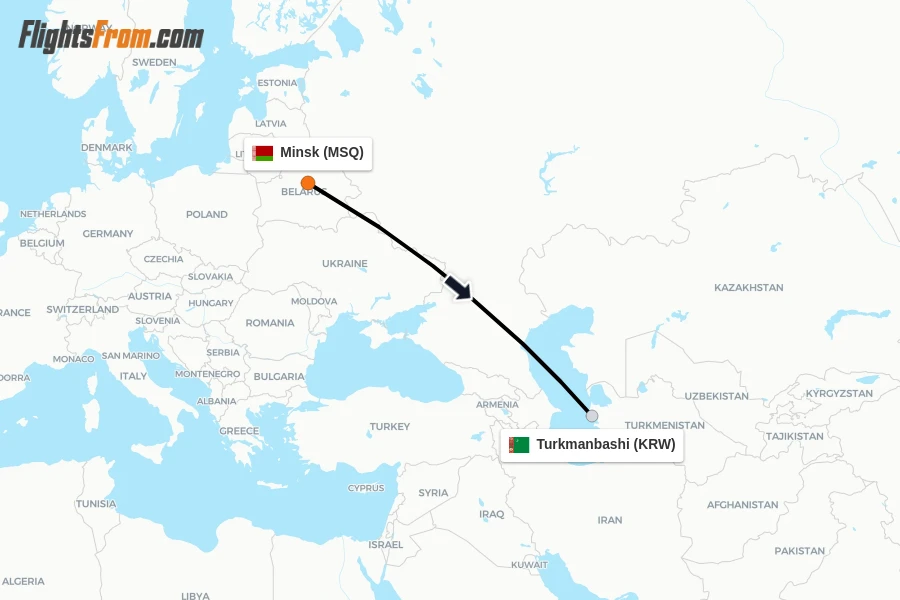 Flights from Minsk to Turkmanbashi route map