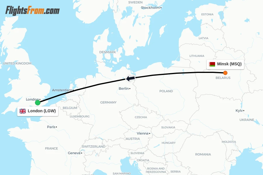 Flights from Minsk to London route map
