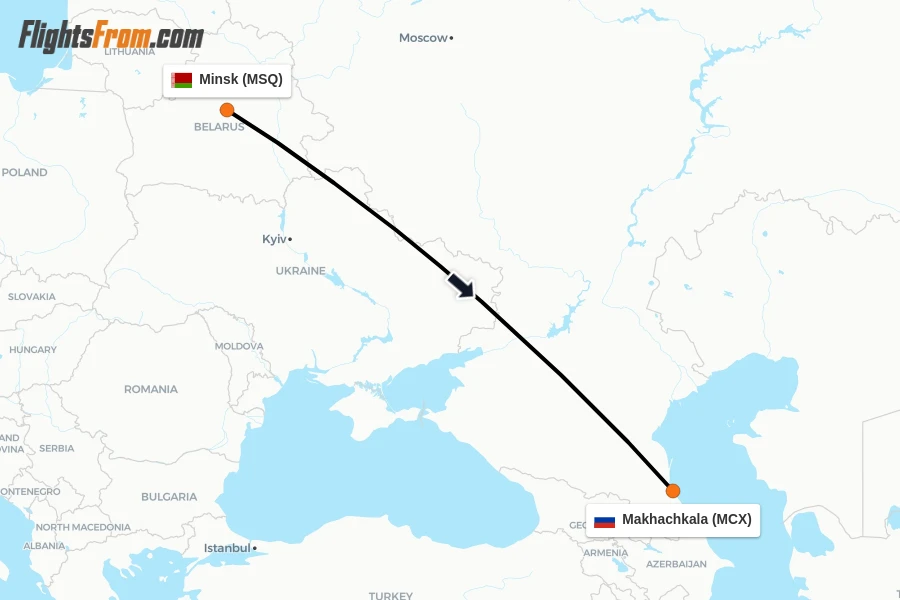 Flights from Minsk to Makhachkala route map