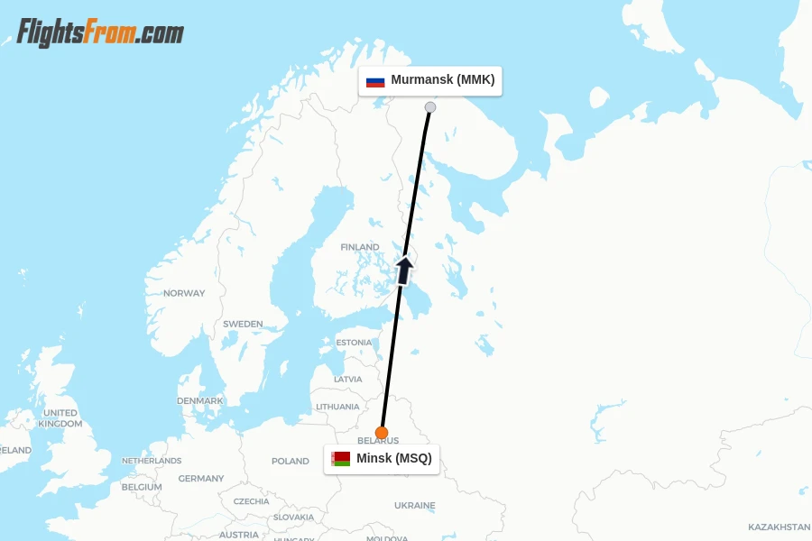 Flights from Minsk to Murmansk route map