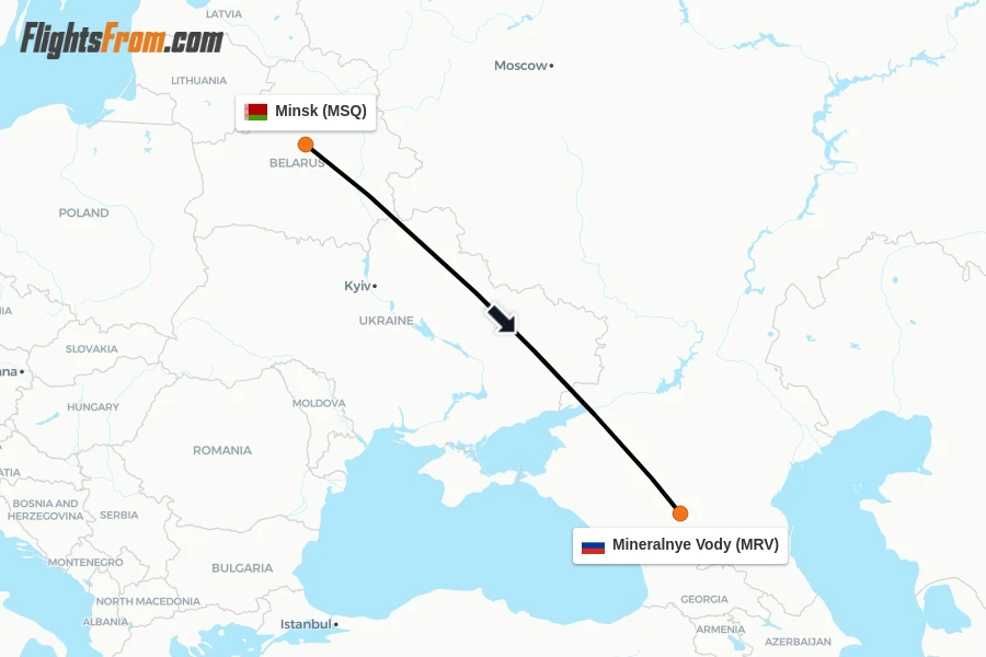 Flights from Minsk to Mineralnye Vody route map
