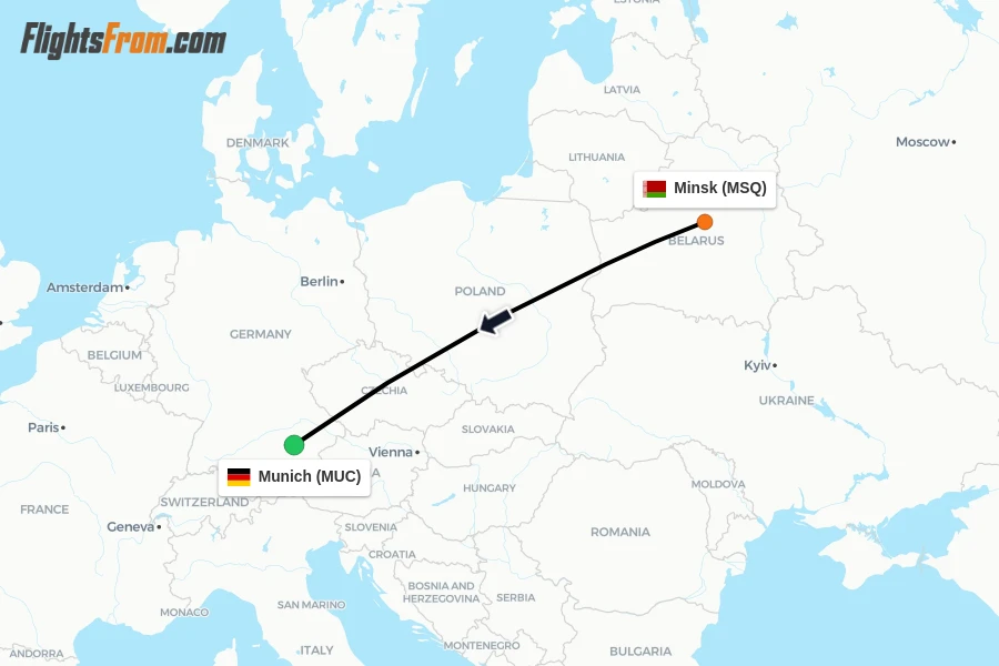 Flights from Minsk to Munich route map