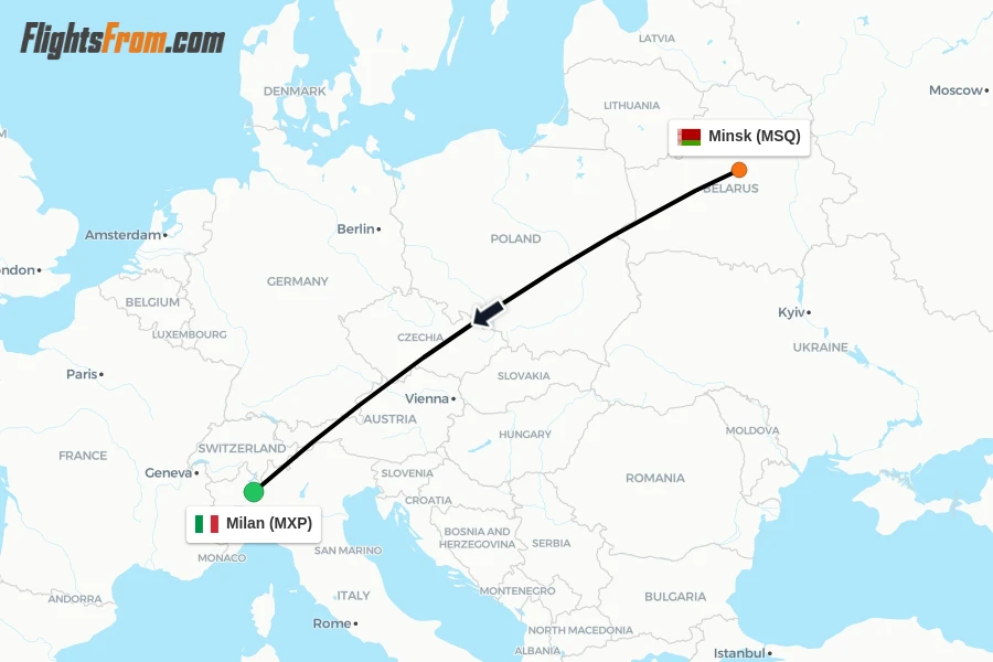 Flights from Minsk to Milan route map