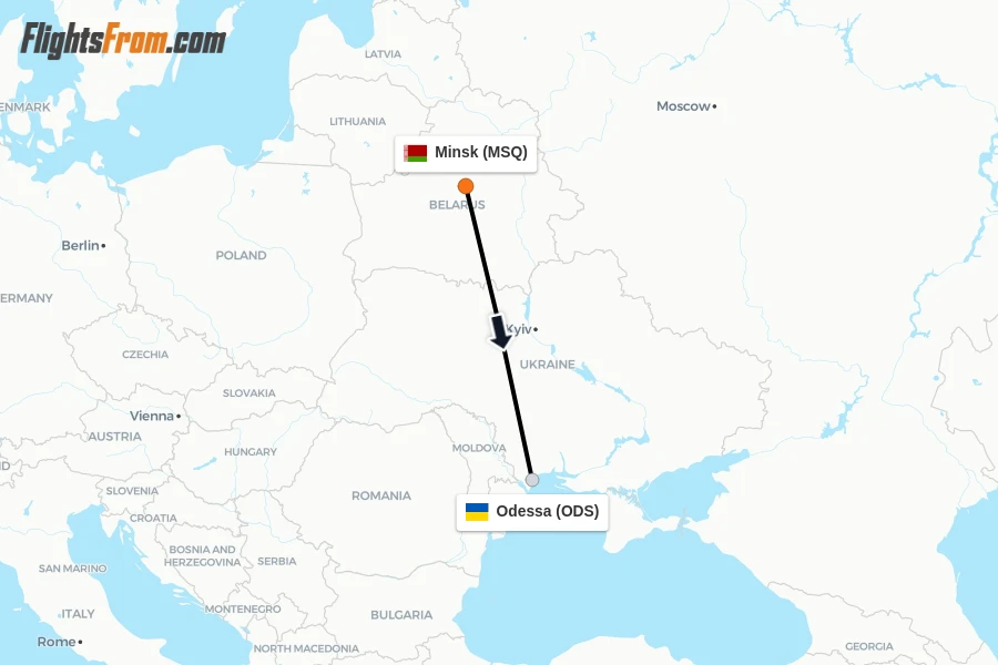 Flights from Minsk to Odessa route map
