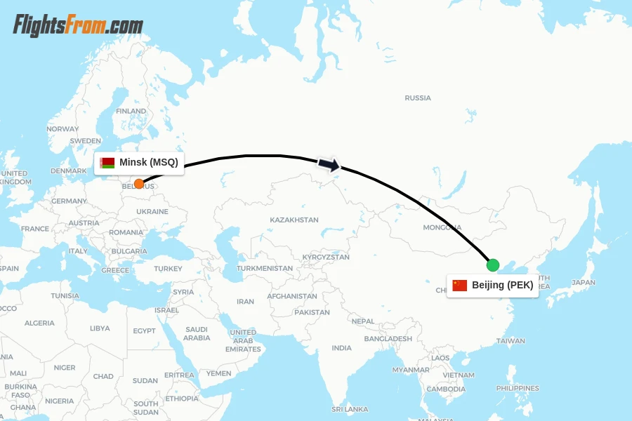 Flights from Minsk to Beijing route map