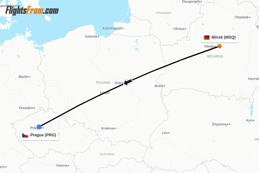 Flights from Minsk to Prague route map