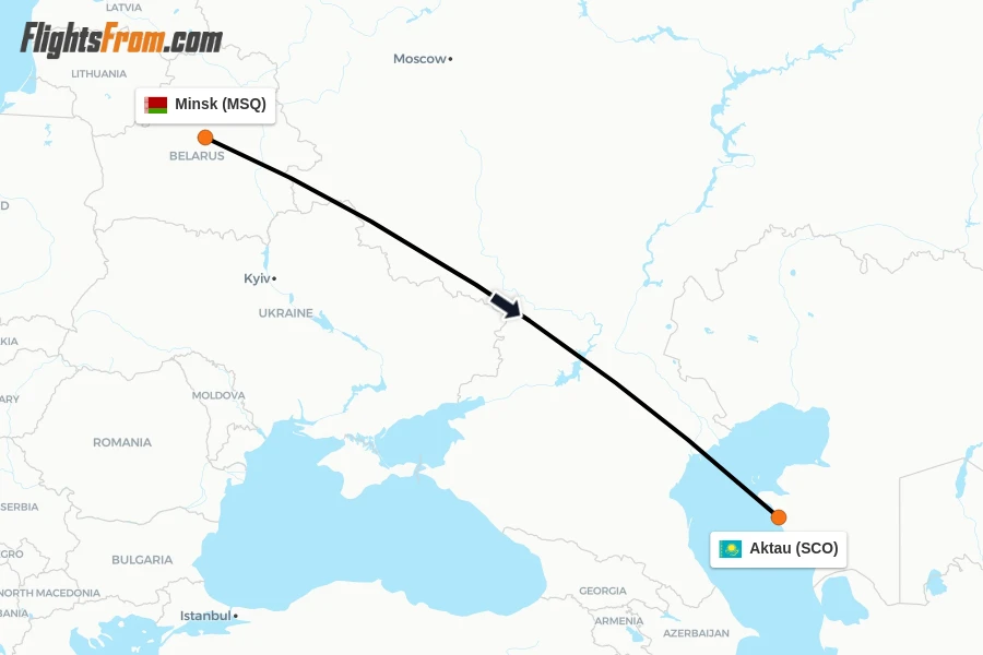 Flights from Minsk to Aktau route map