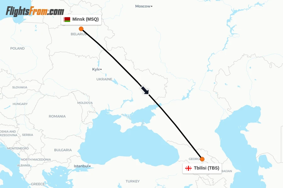 Flights from Minsk to Tbilisi route map