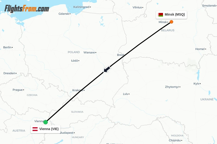 Flights from Minsk to Vienna route map