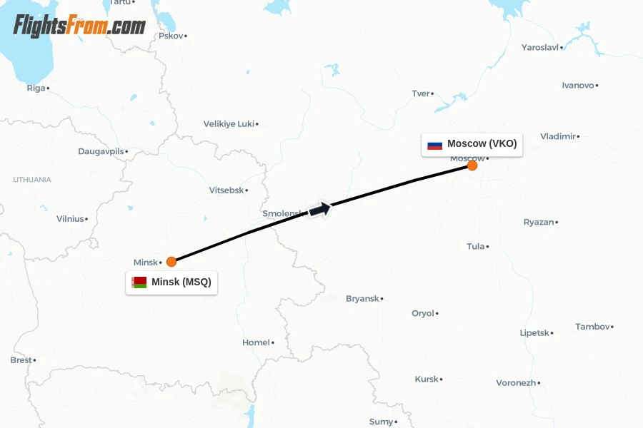 Flights from Minsk to Moscow route map