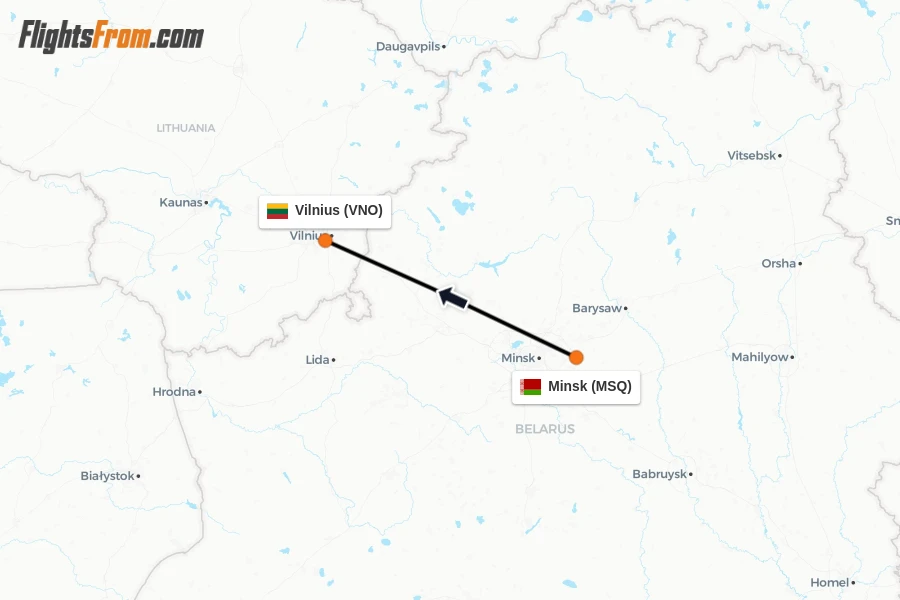 Flights from Minsk to Vilnius route map
