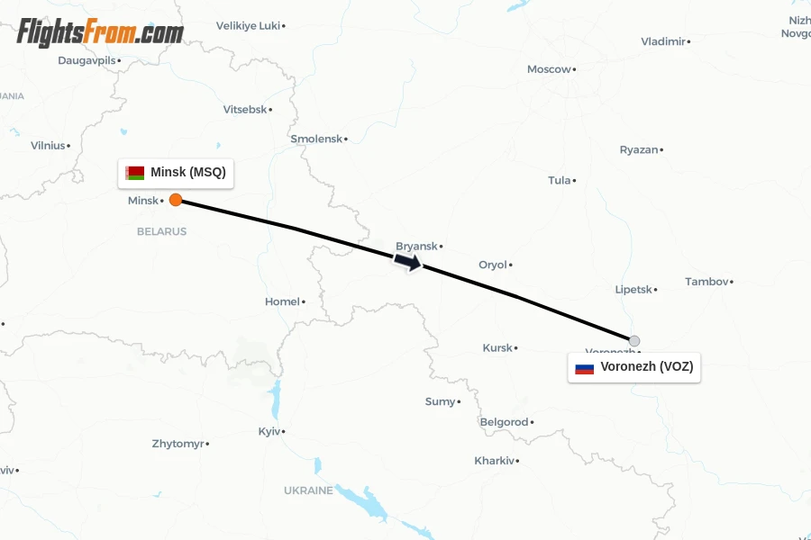Flights from Minsk to Voronezh route map