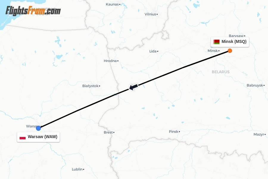 Flights from Minsk to Warsaw route map