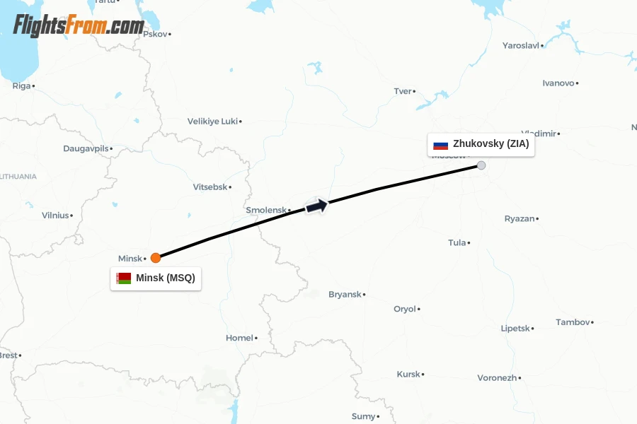 Flights from Minsk to Zhukovsky route map