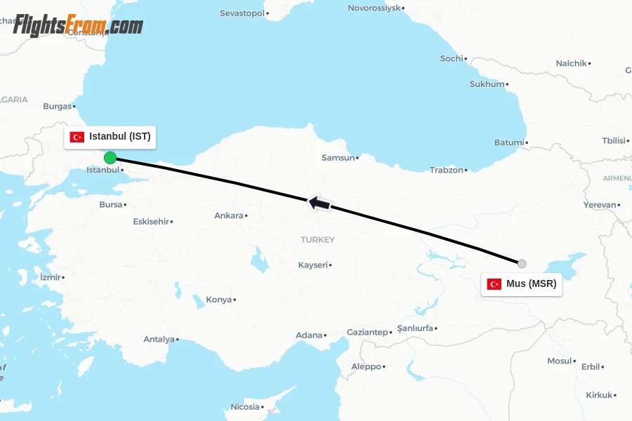 Flights from Mus to Istanbul route map