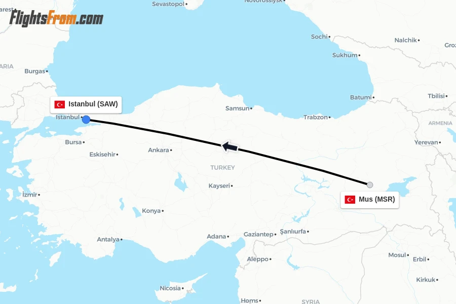 Flights from Mus to Istanbul route map