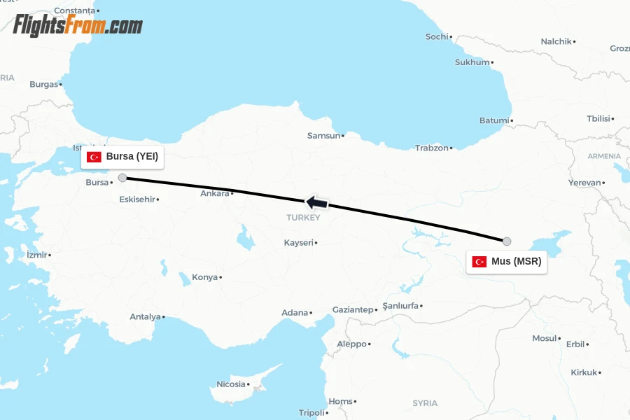 Flights from Mus to Bursa route map