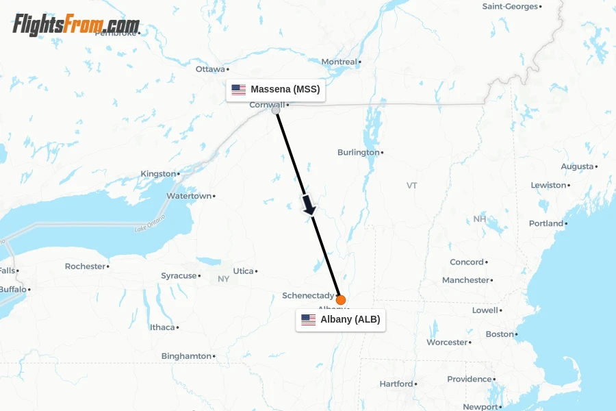 Flights from Massena to Albany route map