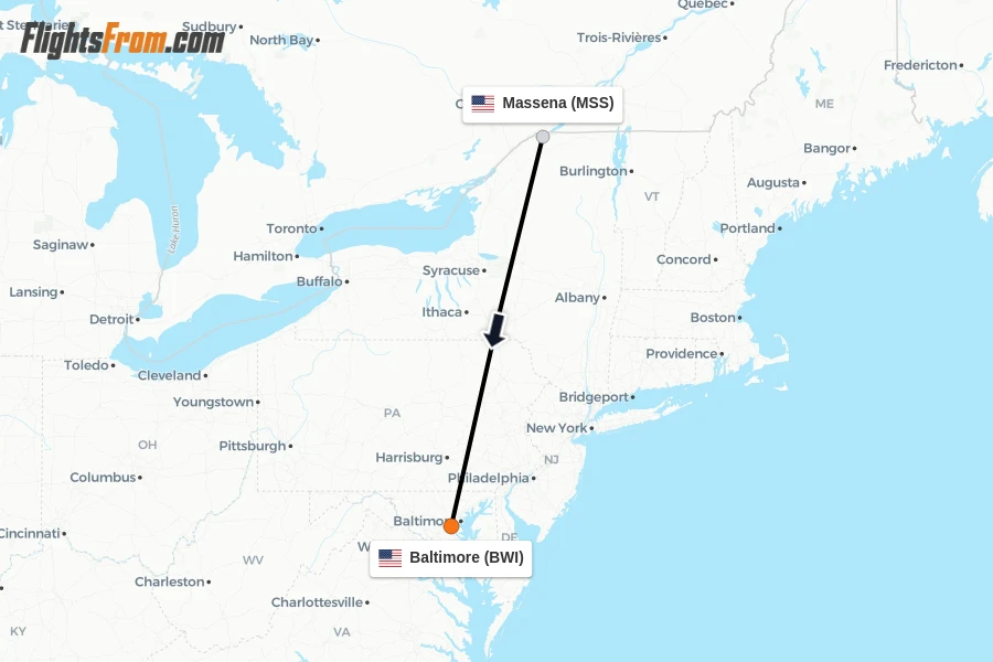 Flights from Massena to Baltimore route map