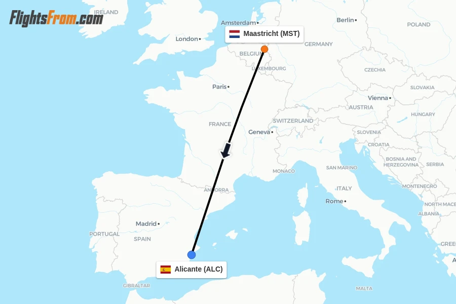 Flights from Maastricht to Alicante route map