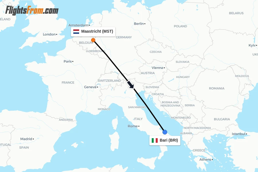 Flights from Maastricht to Bari route map