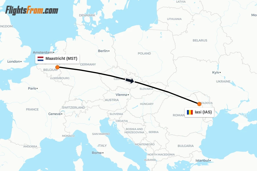 Flights from Maastricht to Iasi route map