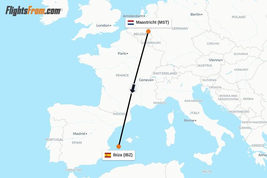Flights from Maastricht to Ibiza route map