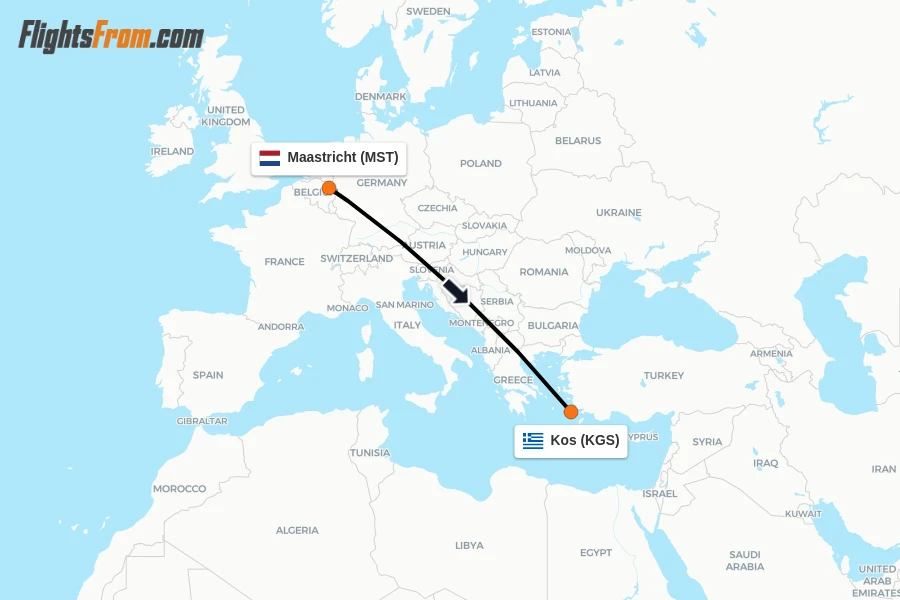 Flights from Maastricht to Kos route map