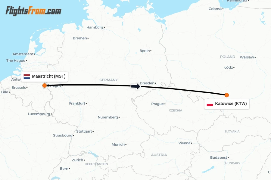 Flights from Maastricht to Katowice route map