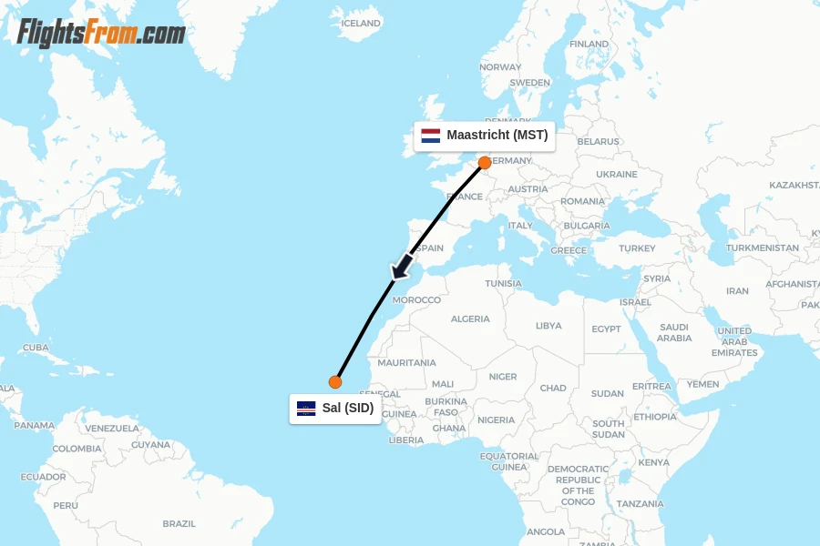 Flights from Maastricht to Sal route map