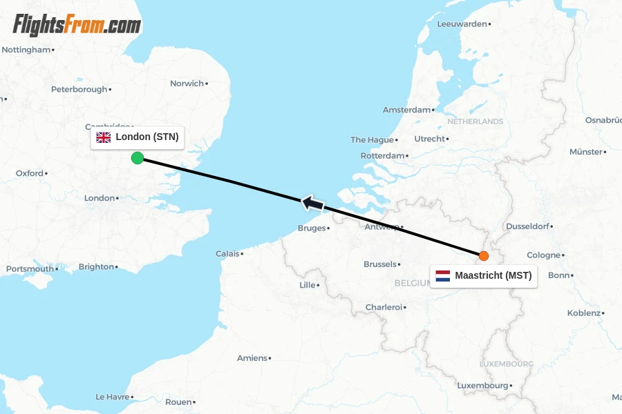 Flights from Maastricht to London route map