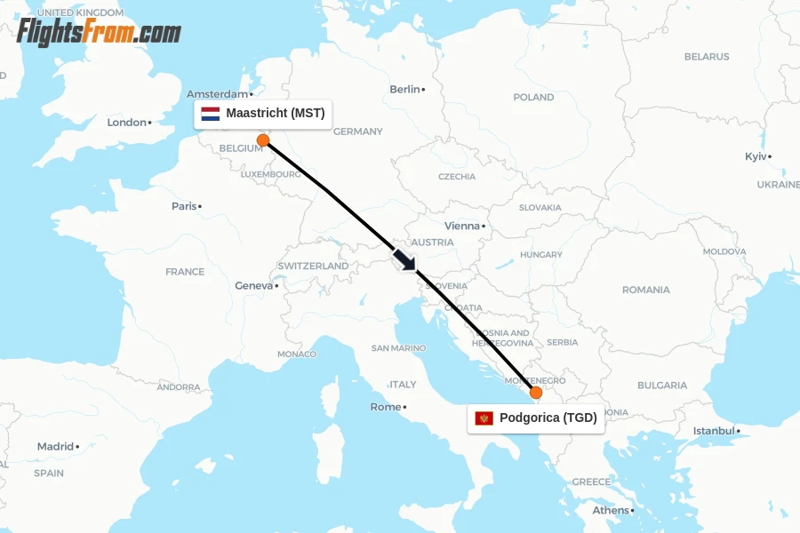 Flights from Maastricht to Podgorica route map