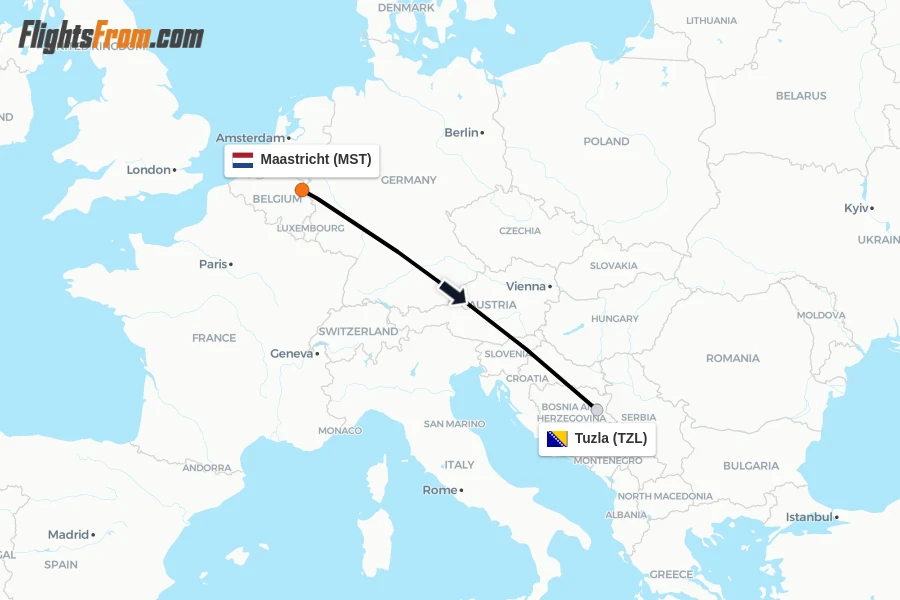 Flights from Maastricht to Tuzla route map