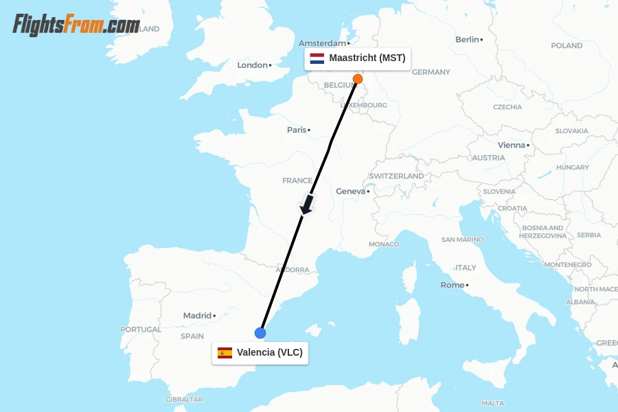 Flights from Maastricht to Valencia route map