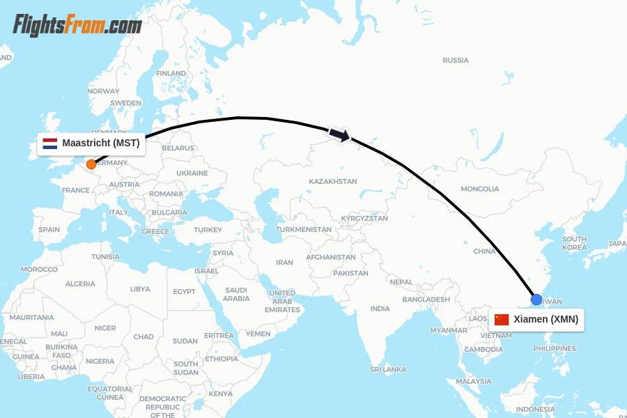 Flights from Maastricht to Xiamen route map
