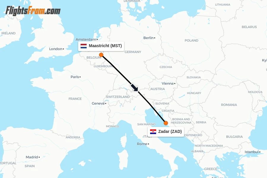 Flights from Maastricht to Zadar route map