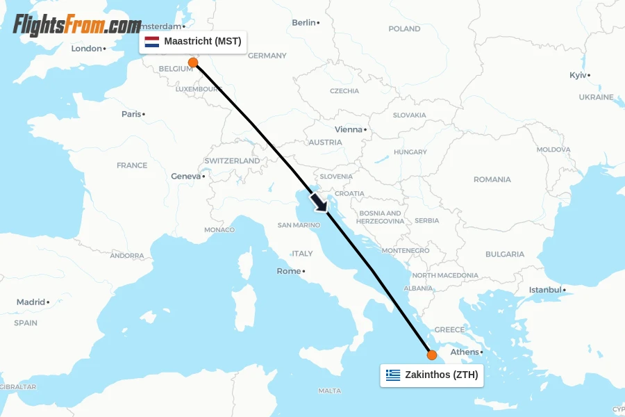 Flights from Maastricht to Zakinthos route map