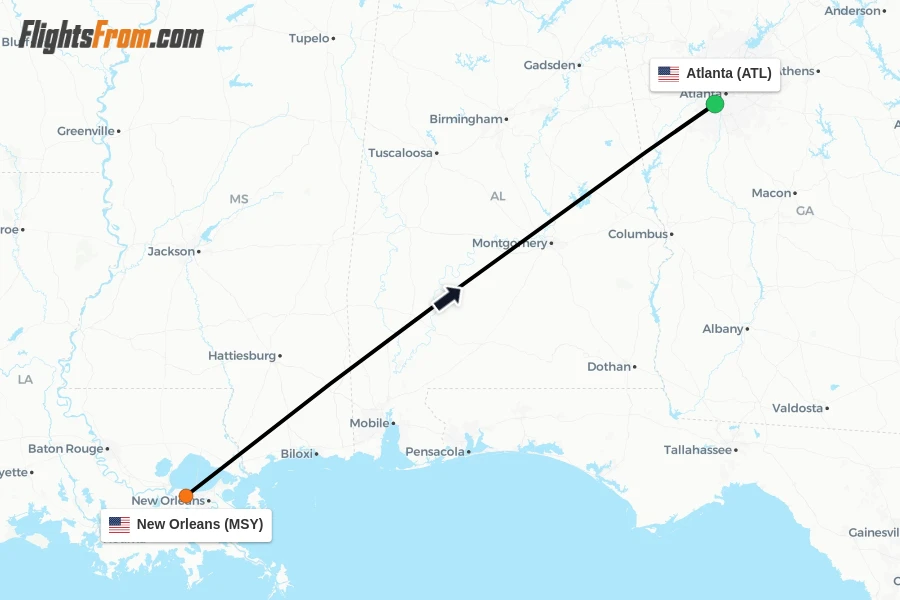 Flights from New Orleans to Atlanta route map