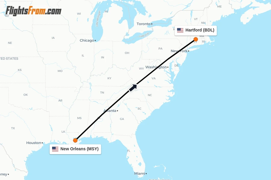 Flights from New Orleans to Hartford route map