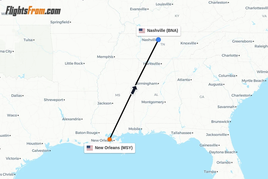 Flights from New Orleans to Nashville route map