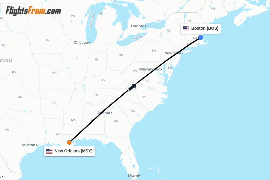 Flights from New Orleans to Boston route map