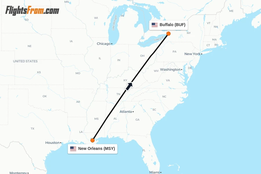 Flights from New Orleans to Buffalo route map